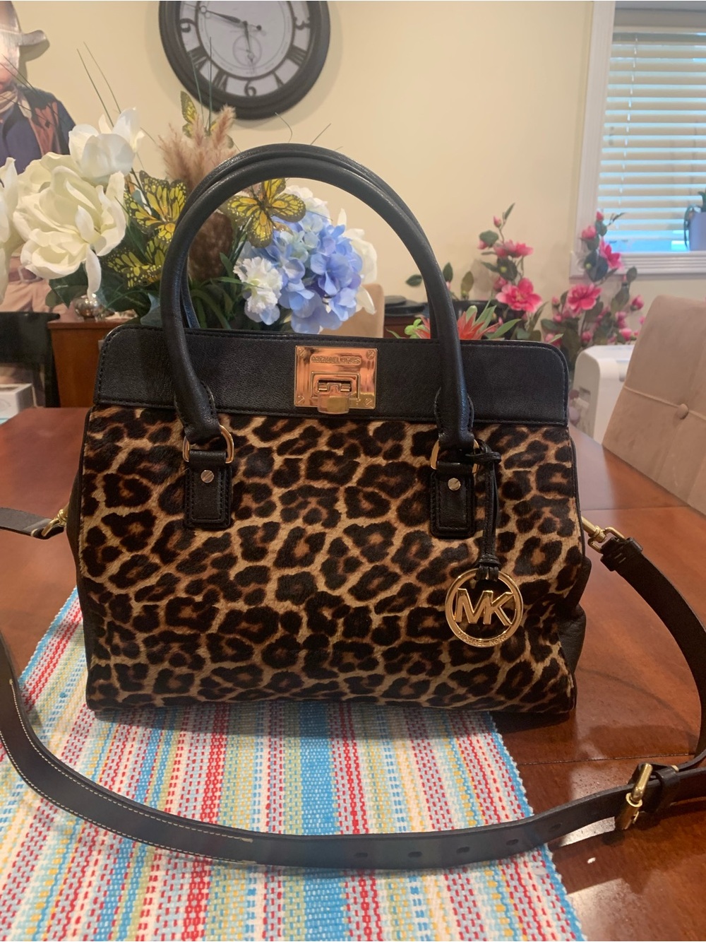 Michael Kors Leopard Print Satchel with Black Trim and Gold Hardware